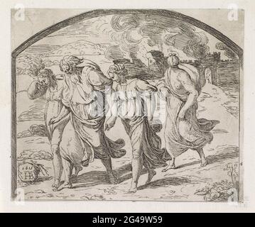Lot verlässt Sodom mit seiner Frau und seinen Töchtern; Gemälde in der Loggia von Rafaël. Lot verlässt Sodom mit seiner Frau und seinen Töchtern. Im Hintergrund die brennende Stadt. Stockfoto