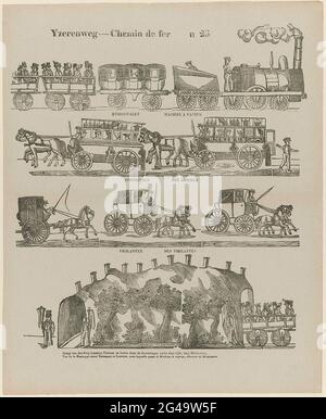 Yzerenweg / Chemin de Fer. Blatt mit 4 horizontalen Reihen mit Zügen aus Zügen, Omnibussen und Karren. Unter jeder Aufführung eine Beschriftung auf Niederländisch und Französisch. Oben in der Mitte nummeriert: N 23. Stockfoto