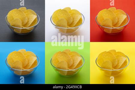 Kartoffelchips in Schüssel auf verschiedenen Hintergründen, Sammlung isoliert Stockfoto