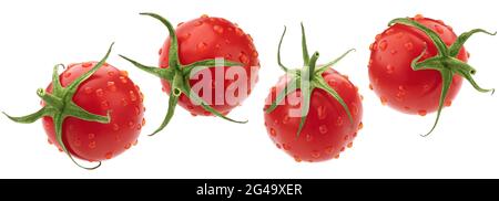 Kirschtomate mit Wassertropfen isoliert auf weißem Hintergrund Stockfoto