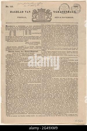 Dagblad van 's Gravenhage. Freitag, den 30. November. Nein 143. 1838. Kopieren Sie die Gravenhage „Dagblad van“ vom 30. November 1838 mit Botschaften über die Feier des 25-jährigen Regierungsjubiläums von König Willem I. im November 1838. Gefaltete Klinge auf allen Seiten bedruckt. Stockfoto