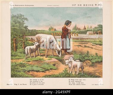 Auf der Heide; Neue holländische Kinderdrucke; Funkes Drucke. Blatt mit einer großen Darstellung eines Bauernhofs mit einem Schaf und drei Lämmern auf der Wiese. In der Untermarge ein achtzeiliger Vers in zwei Spalten. Rechts oben nummeriert: Nr. 141. Stockfoto