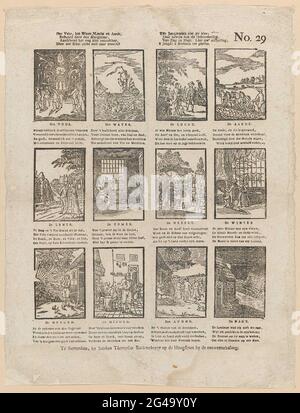 Feuer, Wasser, Luft und Erde, / kontrolliert durch den Anschuldigungen (...). Blatt mit 12 Aufführungen der vier Elemente, der vier Jahreszeiten und der vier Gezeiten des Tages. Unter jedem Bild ein Titel und ein vierzeiliger Vers. Rechts oben nummeriert: Nr. 29. Stockfoto