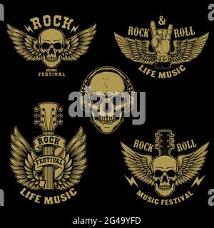 Set aus Rock and Roll Emblemen.geflügelte Rockgitarre. Gestaltungselement für Plakat, Karte, Banner, Schild, Logo. Vektorgrafik Stock Vektor