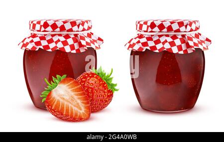 Krug mit Erdbeerfrucht-Marmelade isoliert auf weißem Hintergrund Stockfoto