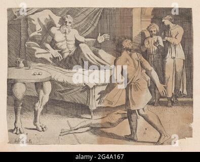 Isaak verspricht Esau einen zweiten Segen; biblische Szenen; Historia del Testamento Vecchio / Dipinta in Roma Nel Vaticano da Rafaelle di Urbino (...). Isaak liegt im Bett und versprach seinem Sohn Esau, der am Fußstein steht, einen zweiten Segen. Rechts stehen Jacob und Rebekka vor der Tür. Stockfoto