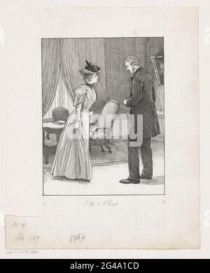 Mann und Frau stehen in einem Innenraum. Ein Mann und eine Frau stehen sich in einem Innenraum gegenüber. Hinter ihnen stehen drei Stühle und ein Tisch, auf dem sich ein Buch befindet. Stockfoto