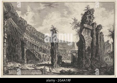 Interieur van Het Colosseum Te Rome; Blick auf das Innere des flavischen Amphitheaters namens Colosseum; Gezichten op Rome; Blick auf Rom entworfen und graviert von Giambattista Piranesi Architekt Ve (Nez) iano. Gezicht in Het Colosseum Te Rome. Titel op Blok Linksonder. Stockfoto