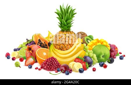 Haufen verschiedener Ganze und aufgeschnittene tropische Früchte auf weißem Hintergrund mit Freistellungspfad isoliert Stockfoto