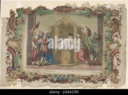 Das Sakrament der Beichte; IV. Sacramentum Poenitentia / IV. Sacramento La Penitentia; die sieben Sakramente. Das Sakrament der Beichte: Ein Priester befindet sich in einem Beichtstuhl und hört auf die Beichte einer knieten Frau, die eine Kette hat, um ihre Mittel von einem Teufel halten zu lassen. Links ein junger Mann, der seinen Beichtweg vom Beichtweg bedeckt hat, hat seine Hände zum Himmel gefaltet. Ein Engel geht neben ihn, der Arm um seine Schulter. Titel in zwei Sprachen unter der Show. Die Szene ist in einem Ornamentrand gefangen. Stockfoto