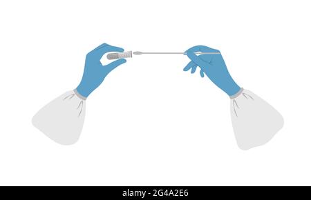 PCR-Test. Hände in medizinischen Handschuhen halten das Reagenzglas mit der Probe. Laboranalyse von Biomaterialien mit Nasenabstrich. Covid-19 Coronavirus-Tests auf Stock Vektor