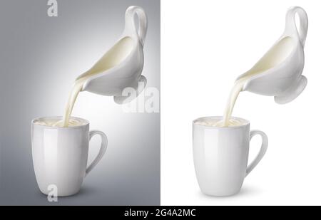 Milch aus der Milchkahnmaschine in einen Keramikbecher mit Spritzer gießen Stockfoto