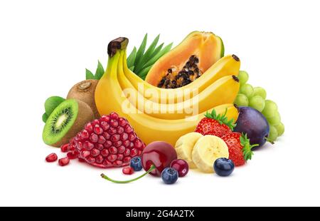 Haufen von frischen exotischen Früchten und Beeren isoliert auf weißem Hintergrund Stockfoto