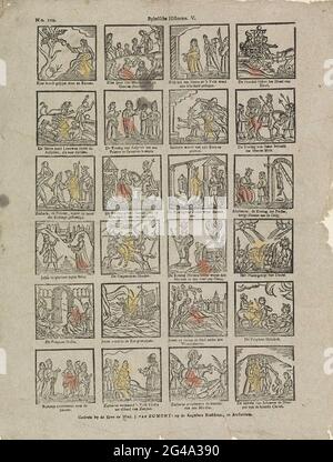 Bybelsche Historien. V. Blatt mit 24 Darstellungen von Geschichten aus dem Alten Testament, darunter der untreue Hirte, drei Jugendliche im brennenden Geflügel und die Verheißung Johannes des Täufers von der Ankunft Christi. Unter jedem Bild eine Beschriftung. Nummeriert oben links: Nr. 100. Stockfoto