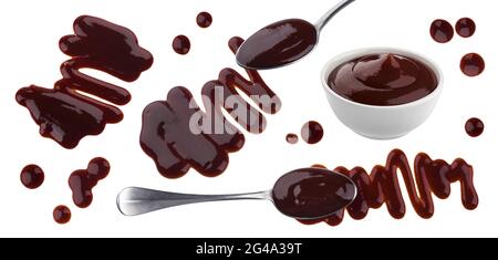Barbecue-Sauce, die isoliert auf weißem Hintergrund Stockfoto