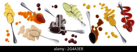 Sauce mit Löffel isoliert auf weißem Hintergrund, Sammlung von verschiedenen verschütteten und fließenden Saucen Stockfoto