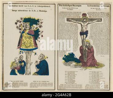 Mirakuleus-Bild von O.-L.-V. To scherpenheuvel / image Miraculous de n.-d., à Montaigu / The Godly Huyszegen / La Bénédiction du Ménage. Blatt mit 2 Vorstellungen. Links eine Darstellung der Onze-Lieve-Frau von Scherpenheuvel in einem Baum mit Menschen im Gebet unten. Rechts eine Darstellung von Maria Magdalena, die die Füße des gekreuzigten Christus trauert. Beide Aufführungen sind von einem Rahmen umgeben. Eine Legende in Niederländisch und Französisch in beiden Aufführungen. Stockfoto