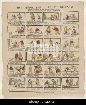 Das Kinderstück / Le Jeu d'Enfants. Blatt mit 24 Vorstellungen von Kinderspielen, darunter Wellen, Puppenspiel, Reifen und Maut. Unter jedem Bild und unter dem Titel ein zweimal frisch auf Niederländisch. Unten rechts nummeriert: Nr. 7. Stockfoto