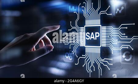 SAP – Software zur Automatisierung von Geschäftsprozessen. ERP Enterprise Resources Planungssystem Konzept auf virtuellem Bildschirm Stockfoto