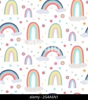 Niedliche kindliche Muster des Himmels. Nahtloses Muster mit verschiedenen Regenbögen, Wolken und Punkten. Vektor-Tapete in sanften Pastellfarben auf weißem Hintergrund Stock Vektor