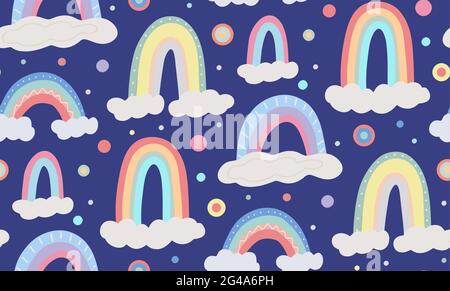 Niedliche kindliche Muster mit verschiedenen Regenbogen, Wolke auf dunkelblauem Hintergrund mit bunten Punkten. Vektor flache natürliche Textur. Sanfte himmelviolette Wallpap Stock Vektor