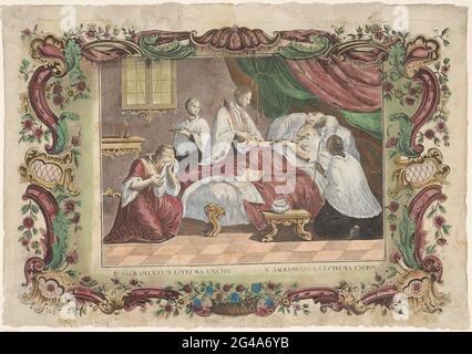 Das Sakrament der letzten ilieel; V. Sacramentum Extrema UNCTIO / V. Sacramento La Extrema Uncion; die sieben Sakramente. Das Sakrament der letzten ilie. Ein Sterbender liegt in einem Bett unter einem Baldachin. Ein Priester weist ihm die letzte ilie zu. Links und rechts vom Bett ein knieend Alien. Eine weinende Dame am Fuß. Titel in zwei Sprachen unter der Show. Die Szene ist in einem Ornamentrand gefangen. Stockfoto