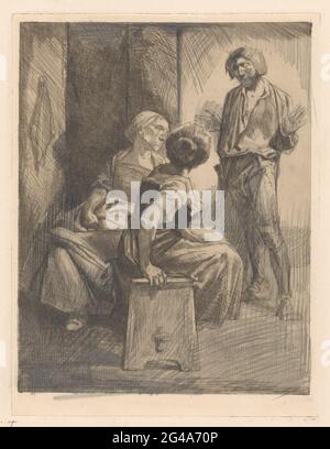 Drei Figuren im Gespräch; Komposition mit drei Figuren. Zwei Frauen sitzen auf einer Holzbank. Einer von ihnen sieht einen stehenden Mann an, der mit seinen Händen streicht. Stockfoto