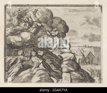 Moses erhält die Gesetzentafeln; Gemälde in der Loggia von Rafaël. Mose kniet auf dem Berg Sinai nieder und empfängt die Speise des Gesetzes Gottes. Es gibt Israeliten am Fuße des Berges. Stockfoto