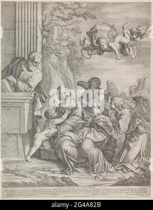Die heilige Familie mit Engeln. Eine Landschaft mit der heiligen Familie und drei Engeln. Text auf Italienisch in Undermarge. Stockfoto