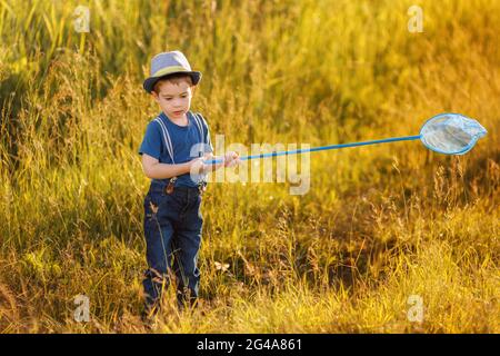 Kleiner Junge fängt Schmetterlinge mit Netz auf der Wiese Stockfoto