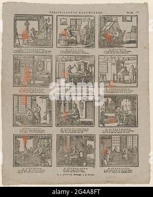 Unterschiedliche Bedürfnisse. Blatt mit 12 Aufführungen von Handwerkern, wie Bildhauer, Graveur, Uhrmacher und Kupferlager. Unter jedem Bild ein Titel und ein zweibeiniger Fresh. Rechts oben nummeriert: Nr. 55. Stockfoto