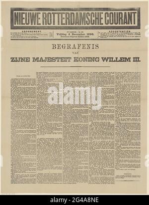 Zeitung mit einem Artikel über die Beerdigung von Willem III., König der Niederlande, am 4. Dezember 1890; Nieuwe Rotterdamsche Courant. . Stockfoto