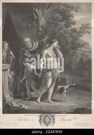 Abraham vertreibt Hagar und Ismaël. Abraham schickt Hagar und seinen ersten Sohn Ismaël auf Wunsch seiner Frau Sara fort. Sara steht mit dem jüngsten Sohn Isaac vor der Tür. Stockfoto