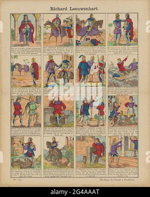 Richard Leeuwenhart. Blatt mit 16 Aufführungen aus der Geschichte von König Richard I. von England (Richard Leeuwenhart). Unter jedem Bild eine Beschriftung. Nummeriert unten links: Nr. 116. Stockfoto