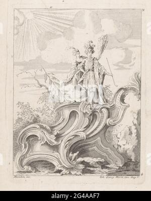 Mann und Frau auf Rocaille. Ein Mann mit Kopfschmuck und langer Pfeife steht auf einer Rocaille in einer Landschaft. Hinter ihm ist eine Frau mit Federn in der Hand. Die Sonne scheint durch die Wolken. Rechts oben nummeriert. Stockfoto