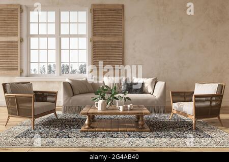 Skandinavisches beiges Wohnzimmer im Landhausstil mit natürlichen Holzmöbeln. Wandhintergrund nachmachen. 3d-Renderdarstellung. Stockfoto