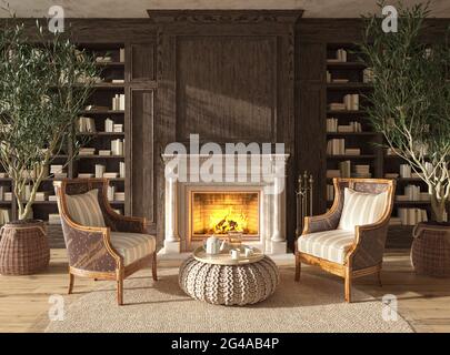 Skandinavische Bauernhaus Stil Wohnzimmer Innenbuch Bibliothek mit Kamin. Modell. 3d-Renderdarstellung. Stockfoto