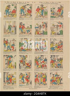 Der Esel, der Hund, der Hahn und die Katze / oder die Amsterdammer Stadtmusiker / l'any, le chien, le coq et le Chat / ou les musicians amsterdamois. Blatt mit 20 Auftritten aus dem Wasserhahn des Esels, des Hundes, des Hahns und der Katze: Die Amsterdammer Stadtmusiker. Unter jedem Bild eine Beschriftung in Niederländisch und Französisch. Oben in der Mitte nummeriert: N. 6. Stockfoto