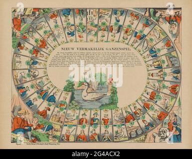 Neue unterhaltsame Gans Spiel. Gans Brettspiel. Oval mit Kartons von 1 bis 63 nummeriert. Jede Schachtel zeigt ein Bild einer Person, einer Gans, eines Gebäudes oder eines Würfels. In der Mitte ein großes Oval mit einer Gans. Kinder spielen in den vier Ecken rund um das Oval. Im mittleren Feld, unter dem Titel, herrscht das Spiel im Buchdruck. Rechts oben nummeriert: Nr. 29. Stockfoto