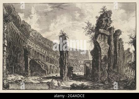 Interieur van Het Colosseum Te Rome; Blick auf das Innere des flavischen Amphitheaters namens Colosseum; Gezichten op Rome; Blick auf Rom entworfen und graviert von Giambattista Piranesi Architekt Ve (Nez) iano. Gezicht in Het Colosseum Te Rome. Titel op Blok Linksonder. Stockfoto