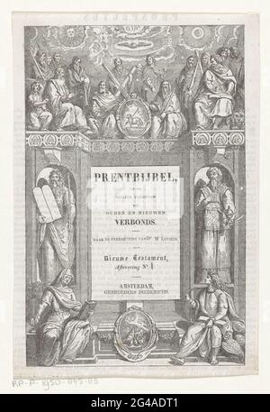 Evangelisten und Apostel; Titelseite für: S.N. Drucken Sie die Bibel oder die Heiligen Schriften des Älteren und Neuen Bundes. Zur Übertragung von Dr. M. Luther, S. A. .. Titelseite für eine Bibel. Der Titel auf einer Tafel mit Moses auf beiden Seiten mit Steintafeln (links) und einem Mann mit Turban (rechts), der in Nissen steht. Denn und über den Nischen stehen die vier Evangelisten mit verbundenen Wesen. Zwischen Lukas und Johannes (unten) ein Medaillon mit einem Pelikan, der seinen Jungen füttert. Zwischen Matthäus und Markus (oben) ein Medaillon mit dem Lamm Gottes. Dahinter stehen die zwölf Apostel. Stockfoto