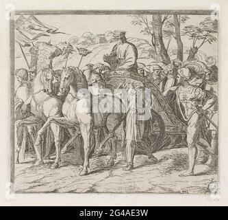 David kehrt in Triumph nach Jerusalem zurück; Gemälde in der Loggia von Rafaël. König David und seine Soldaten kehren in Triumph nach Jerusalem zurück. David steht auf einem Triumphzug, der von zwei Pferden gezogen wird. Stockfoto