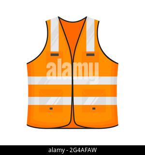 Reflektierende Sicherheitsweste Symbol Zeichen flach Stil Design Vektor Illustration. Orangefarbene fluoreszierende Sicherheits-Arbeitsjacke mit reflektierenden Streifen. Vorne Stock Vektor