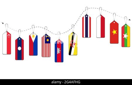 Flagge lable von Südostasien Land hängen am Seil Stockfoto