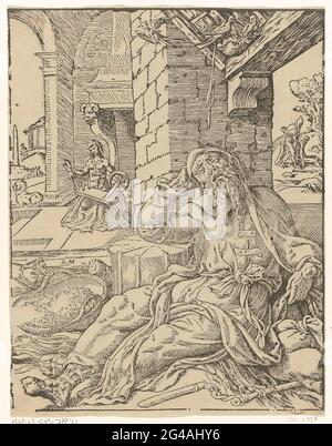 Tobits Blindheit; Geschichte von Tobias. Im Hintergrund begrub Tobit den ermordeten Mann, der von Tobias auf der Straße gefunden wurde. Nach der Beerdigung schläft Tobit auf ein paar Säcken Korn an der Wand seines Hauses ein. Einer der Vögel im Wurf über seinem Kopf lässt den Vogelkot in die Augen von Tobits fallen und macht ihn blind. Stockfoto