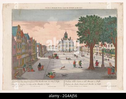 Ansicht des Rathauses auf dem Grote Markt in Delft; Prospect des Rath-Haß, und Marcktts zu Delft; Delft. Rechts oben: 255. Linke Nummer nummeriert: 63. Stockfoto