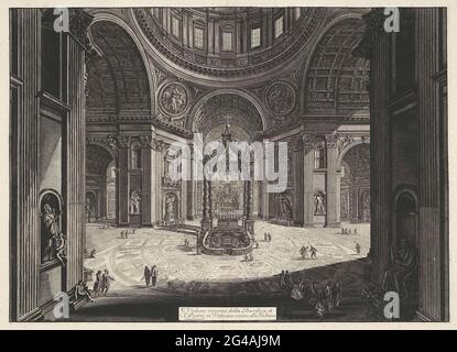 Querschiff der Sint-Pietersbasiliek in der Vatikanstadt; Veduta Interna della Basilica di S. Pietro in Vaticano Vicino Alla Tribuna; Gesichter auf Rom; Vedute di Roma Disegnate Ed Incise da Giambattista Piranesi Architetto ve (Nez) Iano. Gesicht im Querschiff der Sint-Pietersbasiliek in der Vatikanstadt. Zentral zum QUERSCHIFF Berninis Balance (Baldacchino Di San Pietro) über dem Grab des Petrus. Titel in der Mitte der Ebene unten. Stockfoto