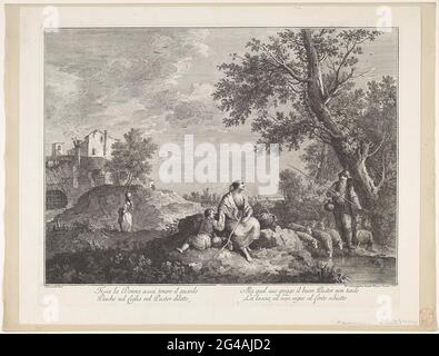 Landschaft mit Schäferinnen und Jungen am Wasserfall; Landschaften. Eine Landschaft mit zwei Hirtinnen mit einer Herde Schafe und einem Hund, einem Jungen, der auf einer Flöte spielt und einem Jungen mit einer Angelrute an einem Wasserfall. Italienischer Vers im Unterholz. Stockfoto