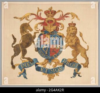 Tal eines der schottischen Regimenter. Ecru, in der Mitte die Arme des Königs von England-Hannover, umgeben von der Ordnung des Strumpfes (die Schnalle davon ist vorne gehalten und die Parade-Seite auf der Flugseite) von einem gekrönten Leoparden, Und ein Einhorn mit einer goldenen Krone am Hals, von der eine goldene Kette abhängt (bzw. Symbol von England und das von Schottland). Über einem Helm mit offenem Visier, bedeckt mit einem königlichen Kranz. Der Helm ist von symmetrischem dekorativem Lob umgeben, das sich über die Träger erstreckt. Unter der Waffe befindet sich eine asymmetrische Kartusche. Unter der Kartusche ein blaues Banderol Stockfoto