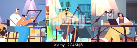 sset Mix Rennen Podcasters im Gespräch mit Mikrofonen Aufnahme Video Blog in Studio Podcasting Online-Radio-Übertragung Stock Vektor